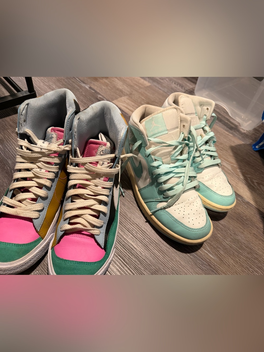 BOTH pair (sizes 6.5 and 7) Nike Kids Multi-Color & Mint High-Top Sneakers